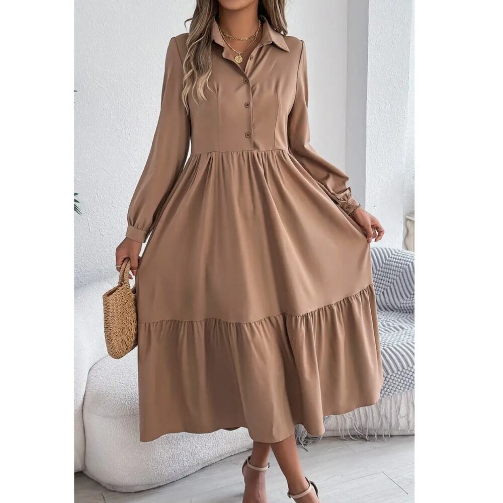 Ruffle Trim Long Sleeve Shirt Dress